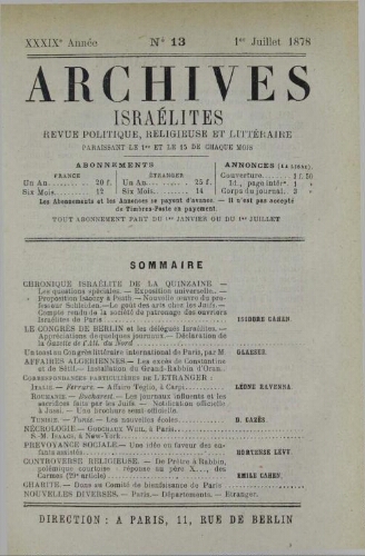 Archives israélites de France. Vol.39 N°13 (01 juil. 1878)